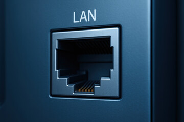 Lan port smart tv data flow illustration showing network jack close up with cool blue light and modern tech mood