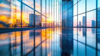 Golden Hour Reflections: Cityscape Seen Through Modern Glass Walls