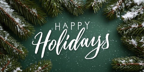 happy holidays greeting with elegant white script on dark green background framed by snow-dusted pine branches in cozy winter composition