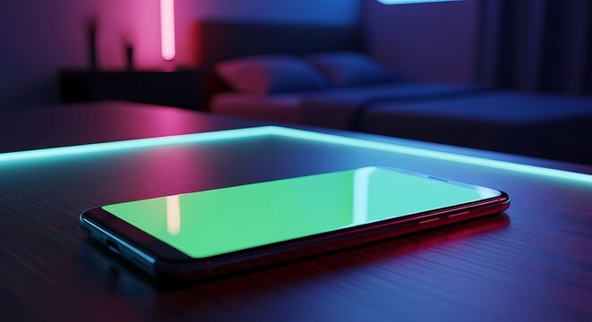 A smartphone with a green screen lies on a wooden table, illuminated by vibrant neon lights in a dark bedroom setting.