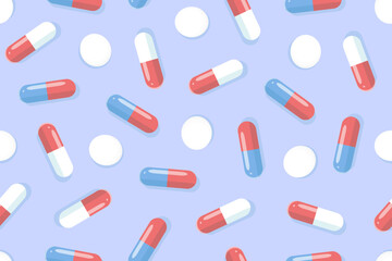 Colorful seamless pattern with pills, red and blue capsules. Medicine concept. Background with medicines for healthcare, pharmaceuticals, medicine and pharmacies design.