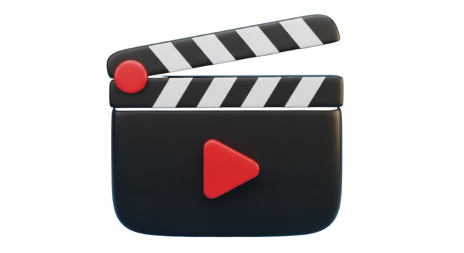 3D Clapperboard with Play Button Icon isolated on a transparent background film movie