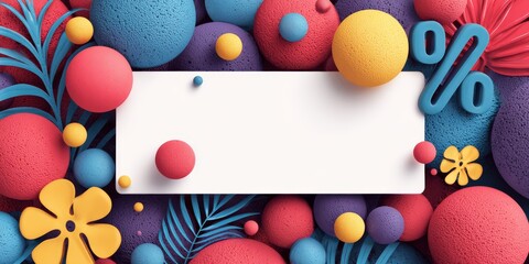 colorful abstract discount graphic with central white space surrounded by 3D geometric shapes, floral elements, and large blue percentage symbol in festive design