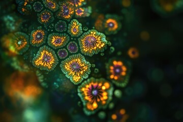 Abstract fractal artwork depicting intricate, glowing, floral-like patterns resembling microscopic organisms or cells.