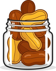 Cartoon Peanuts in Jar Vector – Simple Snack Food Illustration, Roasted Peanut Clipart, Transparent Glass Containe