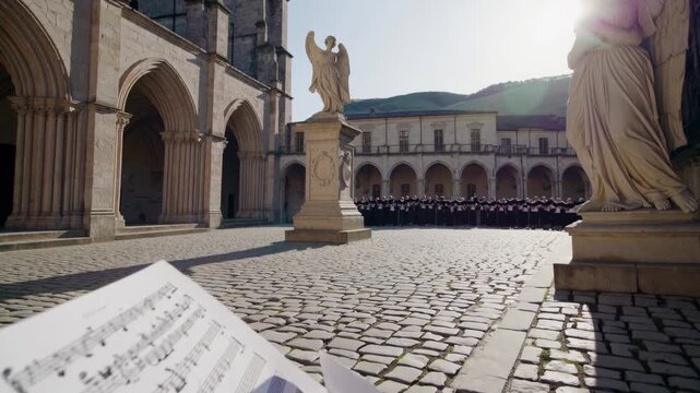 Architectural structures, angel statues, and a music sheet creating a symmetrical kaleidoscopic pattern, conveying visual complexity and artistic repetition