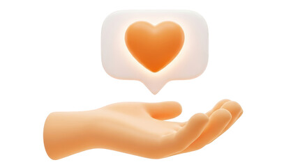 3D hand holding glowing orange heart in speech bubble isolated on a transparent background