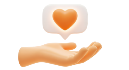 3D hand holding glowing orange heart in speech bubble isolated on a transparent background