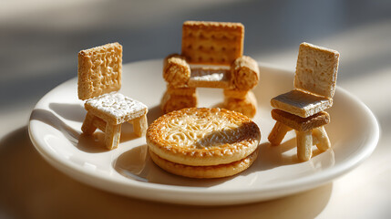Miniature furniture made of crackers and cookies on a white plate image photo