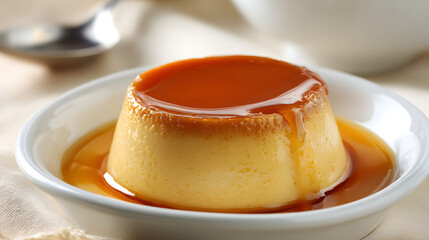 Creamy caramel flan dessert in a white bowl with caramel sauce creme caramel sweet