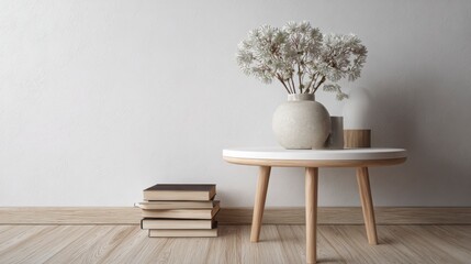 Modern clean table with neutral props and a large empty area for branding overlay