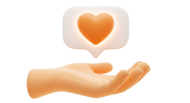 3D hand holding glowing orange heart in speech bubble isolated on a transparent background
