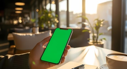 Person holding a smartphone with a green screen in a cafe.