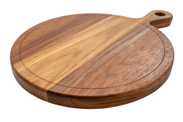 Round wooden cutting board with handle and grooved edge on black round cutting board wood texture