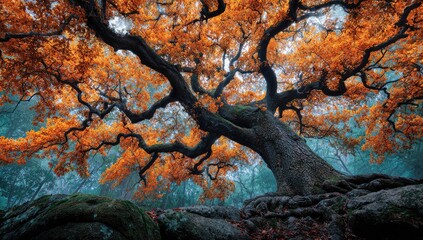 Majestic autumn tree in misty forest