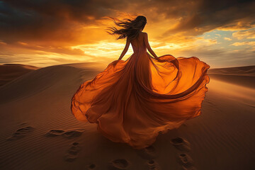 Woman in orange dress walking on sand dunes at sunset, freedom and travel