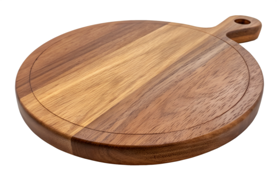 Round wooden cutting board with handle and grooved edge on black round cutting board wood texture