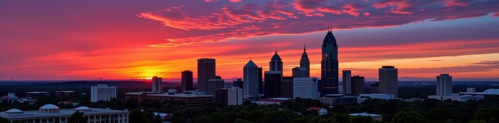 Atlanta's cityscape ablaze with sunset hues, skyscrapers silhouetted against a fiery sky, urban panorama, panorama, buildings, cityscape