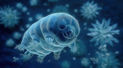 Obraz premium A translucent blue tardigrade, or water bear, is shown in microscopic detail with visible internal systems,