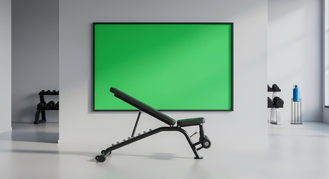 A modern gym interior featuring an adjustable weight bench in front of a large green screen. - Powered by Adobe
