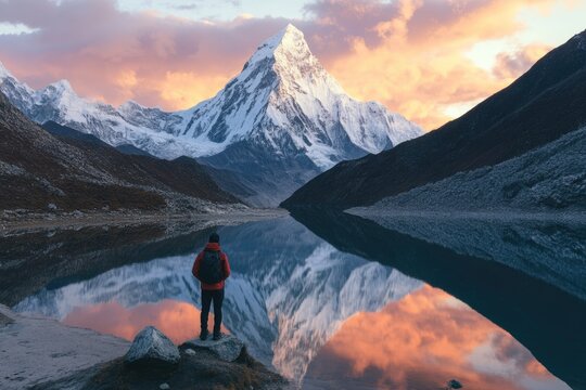 A lone hiker pauses, captivated by the breathtaking reflection of a snow-capped mountain in a serene alpine lake at sunset. - Powered by Adobe