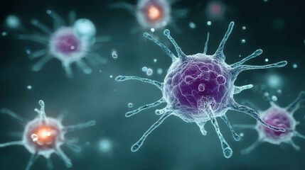 Artistic representation of virus molecules under microscope, spiky protrusions, bright highlights, blurred background,