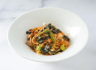 Chicken Arrabbiata Pasta with Spinach and Mushrooms in Bowl side view of japanese food