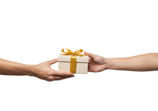 Gift Exchange Between Two People, Hands Giving and Receiving Present Box with Gold Ribbon, Isolated on Transparent Background for Holidays, Celebrations, and Special Occasions