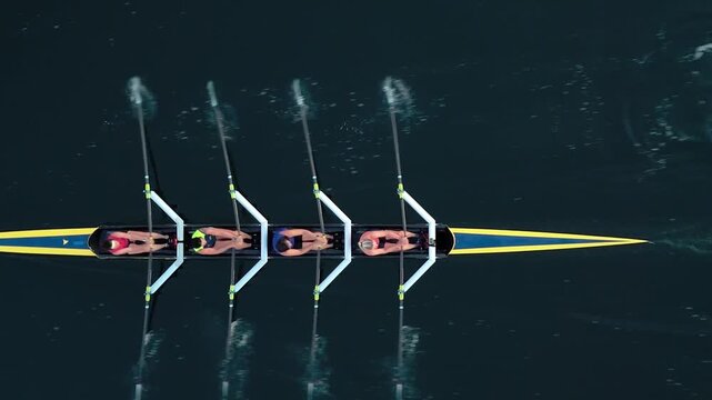 Top View Sunrise Rowing Training In Halifax Bay With Four Women In Motion, Peaceful Morning Captured From Above Four Female Rowers Work In Unison, Creating Ripples In Calm Waters Scenic Ocean Bay.