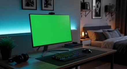 A modern gaming setup with a green screen monitor, keyboard, mouse, and headphones on a desk in a bedroom.