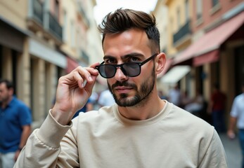 Obraz premium Portrait of Man Adjusting Sunglasses on City Street