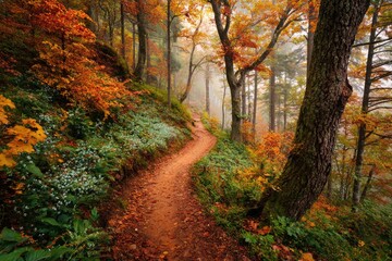 Naklejka premium Autumn forest path winding through colorful foliage
