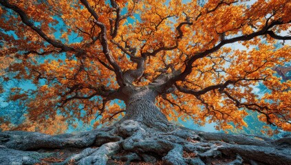 Majestic autumn oak, vibrant colors, roots
