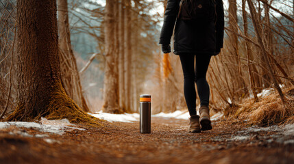 Person walking on a forest trail with a thermos for a winter workout.