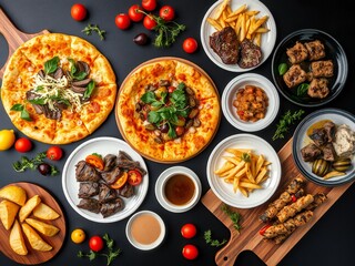 Delicious middle eastern food spread with pizzas kebabs and fries