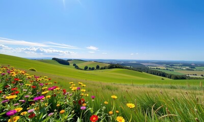 Serene landscape unfolds before you, rolling hills, vibrant wildflowers, clear blue sky, a peaceful pastoral scene, horizon, view, nature