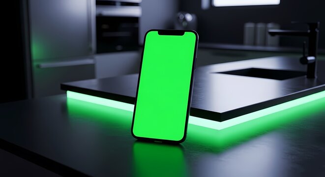 A smartphone with a green screen display on a modern kitchen counter with green LED lighting.