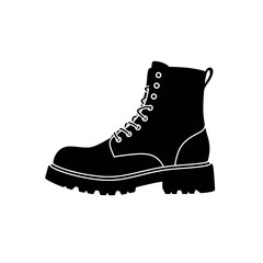 boot, combat, silhouette, clipart, footwear, rugged, lace-up, military, hiking, leather, vector, graphic, illustration, black, fashion, tough, durable, sole, tread, strong, army, grunge, punk, gear, o