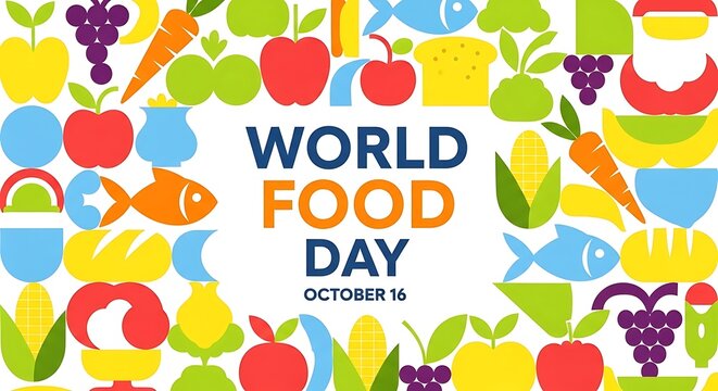 Celebrate World Food Day October 16 with vibrant illustrations of diverse, healthy foods promoting global nutrition and awareness