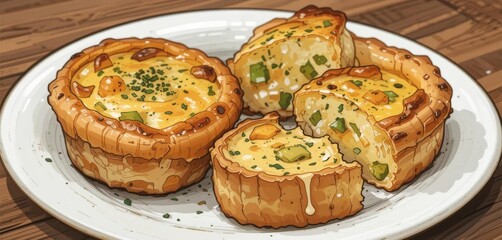 Quiche and Cheese Rolls on a White Plate, Depicted in a Charming Hand Drawn Illustration Style.