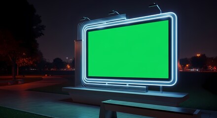 A large, modern digital billboard with a green screen is illuminated at night in a park setting.