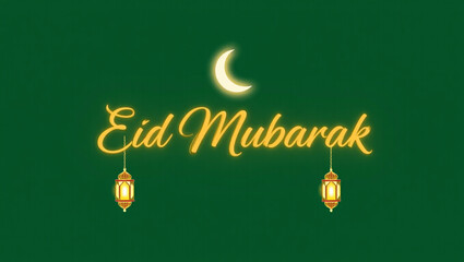 Eid Mubarak Celebration Greeting Card with Golden Lanterns and Crescent Moon on Green Background