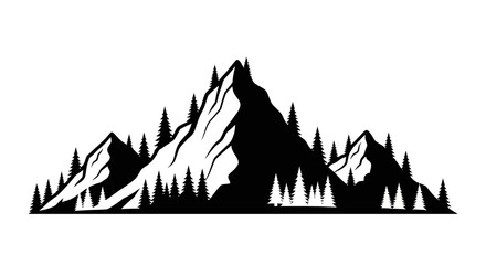 Vector Silhouette of Mountain Range with Pine Trees in Black and White