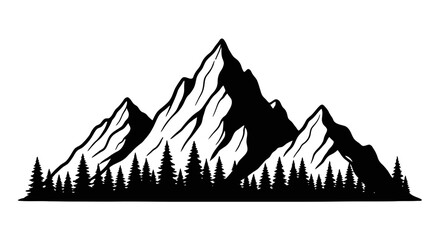 Vector Silhouette of Mountain Range with Pine Trees in Black and White