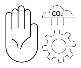 Raised hand preventing emissions beneath CO2-marked cloud with gear symbolizing eco-friendly innovation. Ideal for sustainability, climate action, emissions control, green technology, clean energy