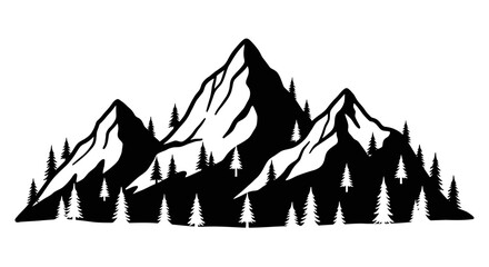 Vector Silhouette of Mountain Range with Pine Trees in Black and White