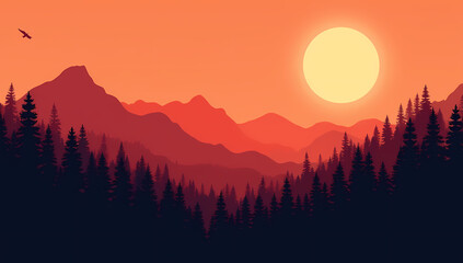 Vibrant Sunset Over Layered Mountains and Forest