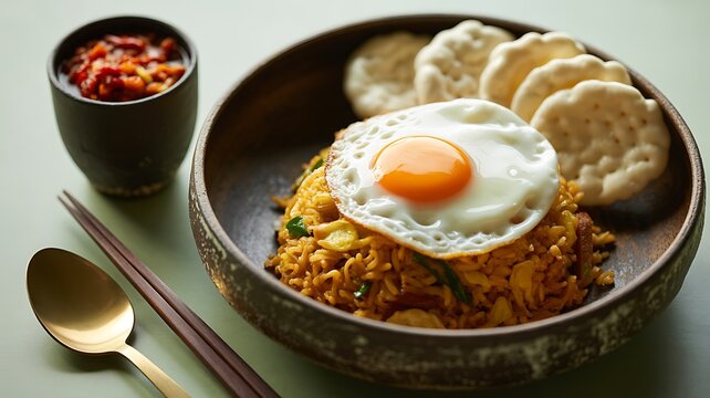Delicious Fried Rice with Fried Egg and Crackers