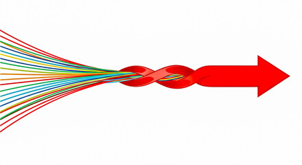 Colorful lines converging and intertwining into a single red arrow, representing focus, teamwork, and directed progress.