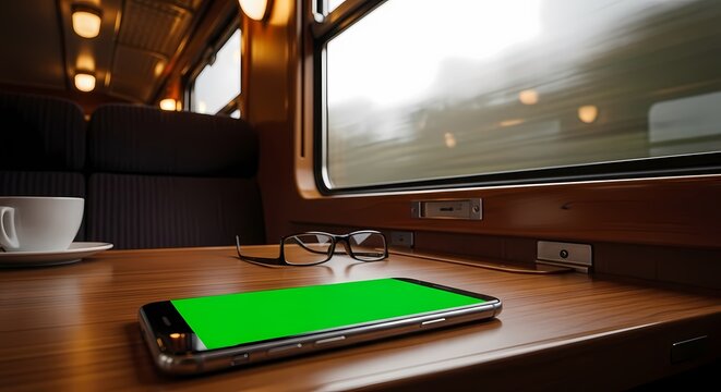 Smartphone with green screen on a train table with coffee and glasses. - Powered by Adobe